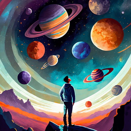 Man looking into the sky at various planets